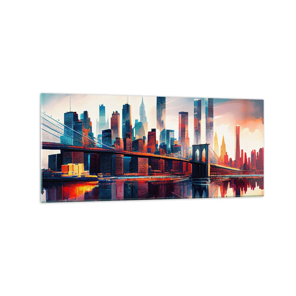 Cuadro sobre vidrio - Impresiones sobre Vidrio - Panorama de la ciudad de Nueva York con puente y reflejo en el agua - 120x50cm - Nueva York siempre luce - Decoración de pared moderna para salón y dormitorio ARTTOR