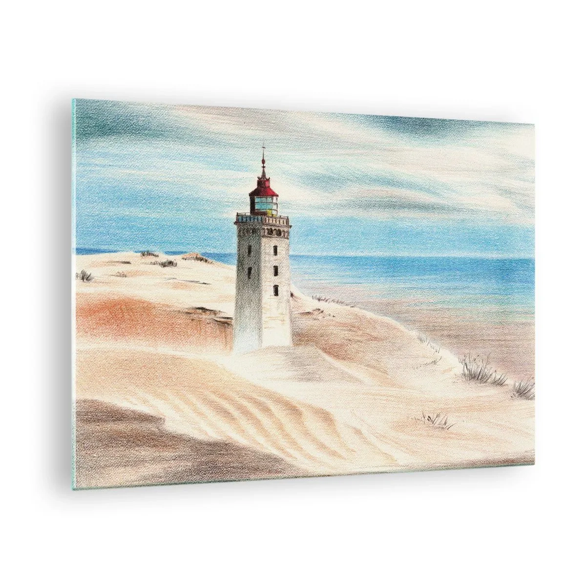 Cuadro sobre vidrio - Impresiones sobre Vidrio - Un faro en una duna del desierto junto a un mar en calma - 70x50cm - Siempre mirando al mar - Decoración de pared moderna para salón y dormitorio ARTTOR