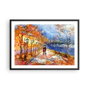 Póster en marco negro - Un paseo otoñal por el parque a orillas del río bajo una sombrilla. - 70x50cm - Juntos hasta el límite del tiempo - Decoración de pared moderna para salón y dormitorio ARTTOR