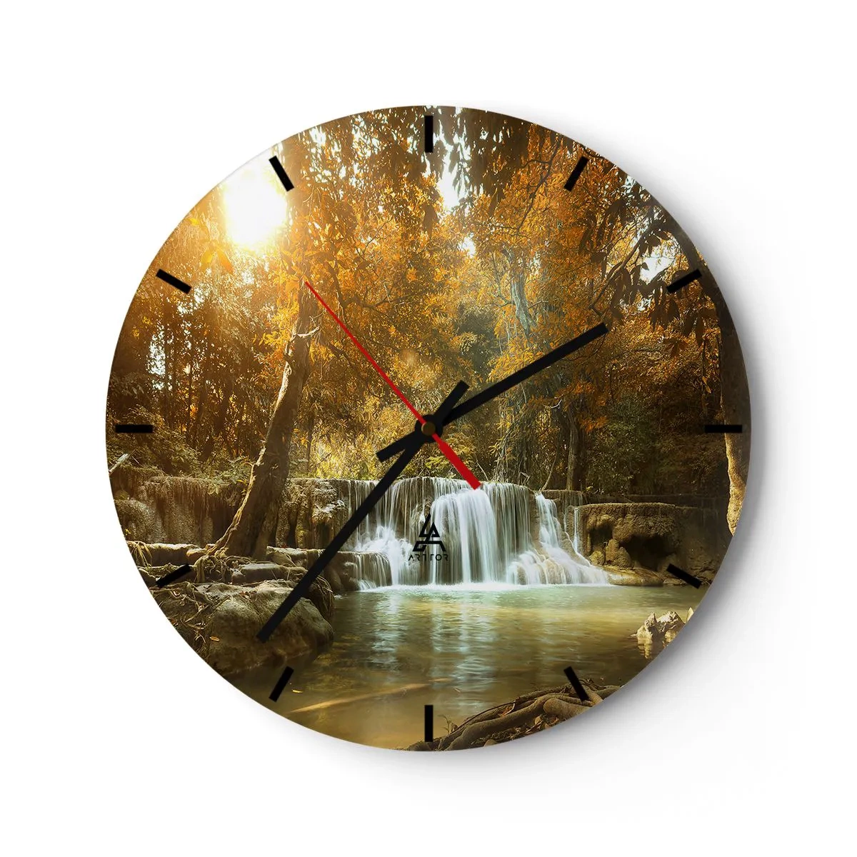 Reloj de pared - Reloj de vidrio - Una pintoresca cascada rodeada de árboles otoñales. - 30x30cm - Una cascada en el parque - Decoración de pared moderna para salón, cocina y dormitorio ARTTOR
