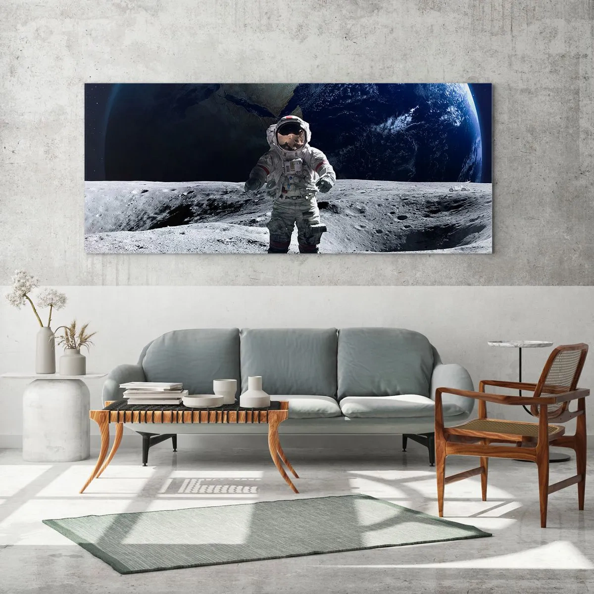 Cuadro sobre vidrio - Impresiones sobre Vidrio - Astronauta en la superficie de la Luna con la Tierra al fondo - 160x50cm - Saludos desde la Luna - Decoración de pared moderna para salón y dormitorio ARTTOR