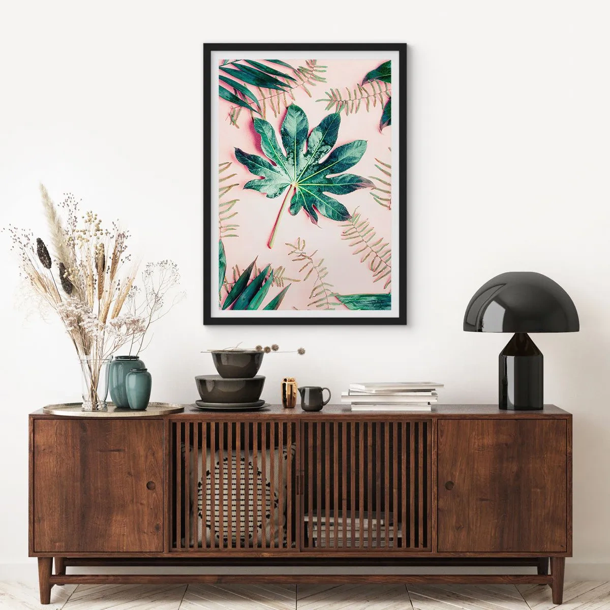 Póster en marco negro - Hojas en varios tonos de verde sobre un fondo rosa. - 50x70cm - Estudio de vegetación sobre fondo rosa - Decoración de pared moderna para salón y dormitorio ARTTOR