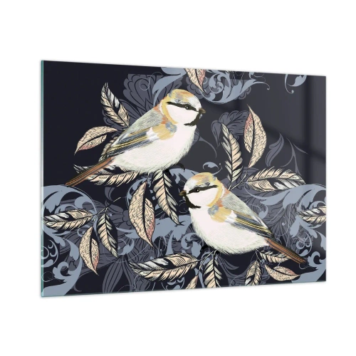 Cuadro sobre vidrio - Impresiones sobre Vidrio - Ilustración de dos pájaros sobre un fondo oscuro con adornos. - 100x70cm - En la copa del árbol - Decoración de pared moderna para salón y dormitorio ARTTOR