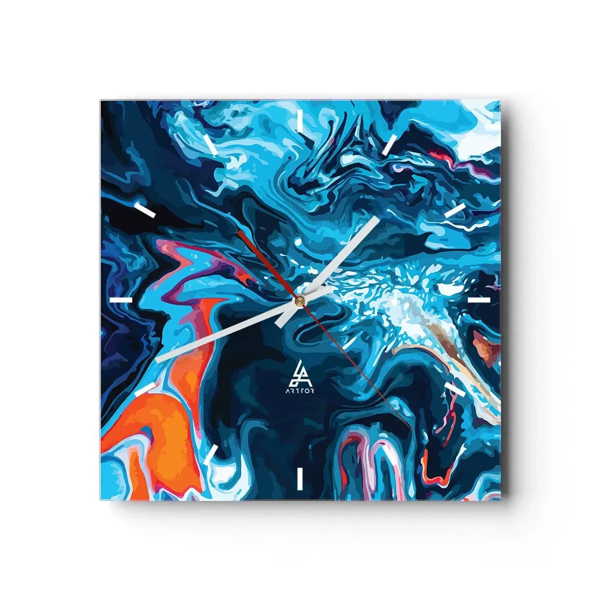 Reloj de pared - Reloj de vidrio - Un patrón abstracto en tonos azules con acentos naranjas. - 30x30cm - Un viaje al cielo - Decoración de pared moderna para salón y dormitorio ARTTOR