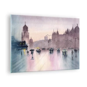 Cuadro sobre vidrio - Impresiones sobre Vidrio - Paisaje urbano lluvioso - 70x50cm - En una niebla lluviosa - Decoración de pared moderna para salón y dormitorio ARTTOR
