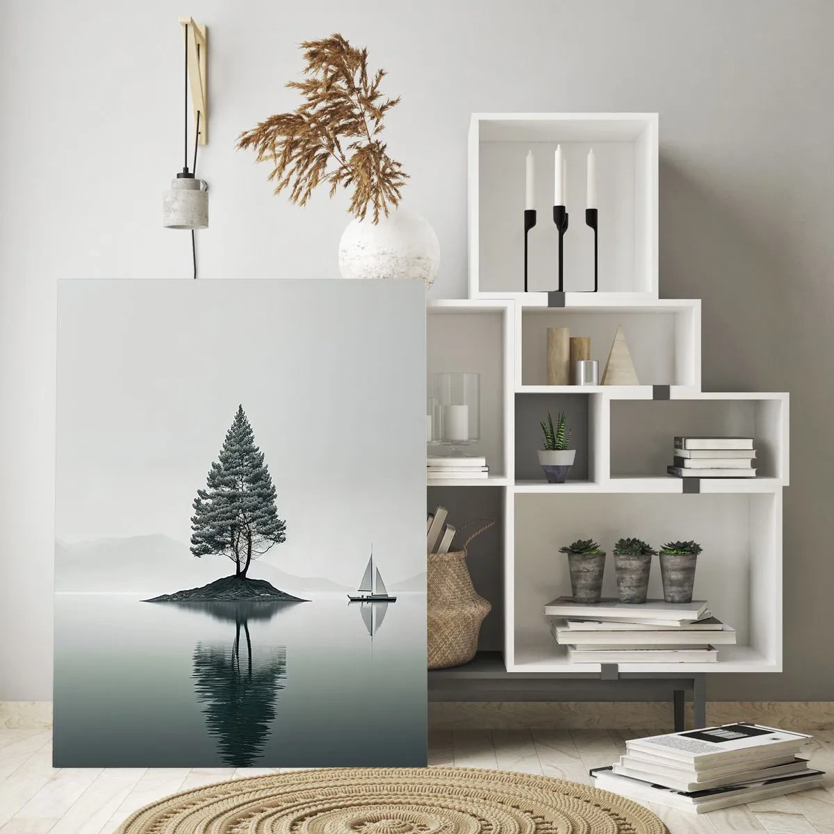 Cuadro sobre vidrio - Impresiones sobre Vidrio - Un árbol solitario en una isla y un velero en un lago tranquilo. - 50x70cm - Un sueño hecho realidad - Decoración de pared moderna para salón y dormitorio ARTTOR