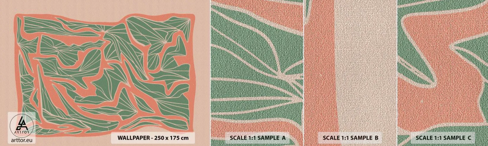Muestra de fotomural Premium Canvas - Lucha entre el coral y el verde - bohemia, Pastel, Pedazo - 100x30 cm
