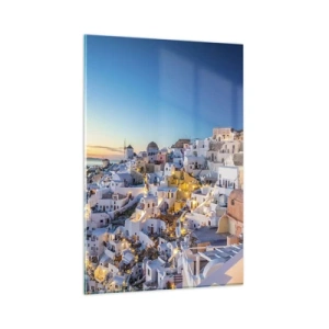 Cuadro sobre vidrio - Impresiones sobre Vidrio - Vista de una ciudad griega al atardecer - 80x120cm - La esencia de lo griego - Decoración de pared moderna para salón y dormitorio ARTTOR