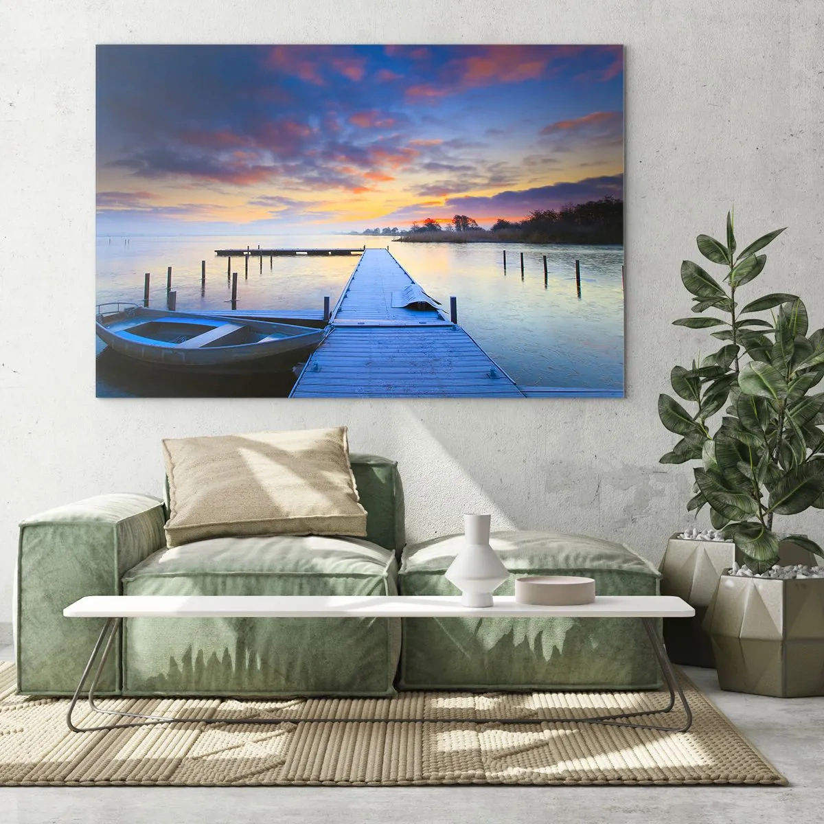 Cuadro sobre vidrio - Impresiones sobre Vidrio - Un muelle en el lago al amanecer rodeado de naturaleza tranquila. - 120x80cm - Calma púrpura y dorada - Decoración de pared moderna para salón y dormitorio ARTTOR