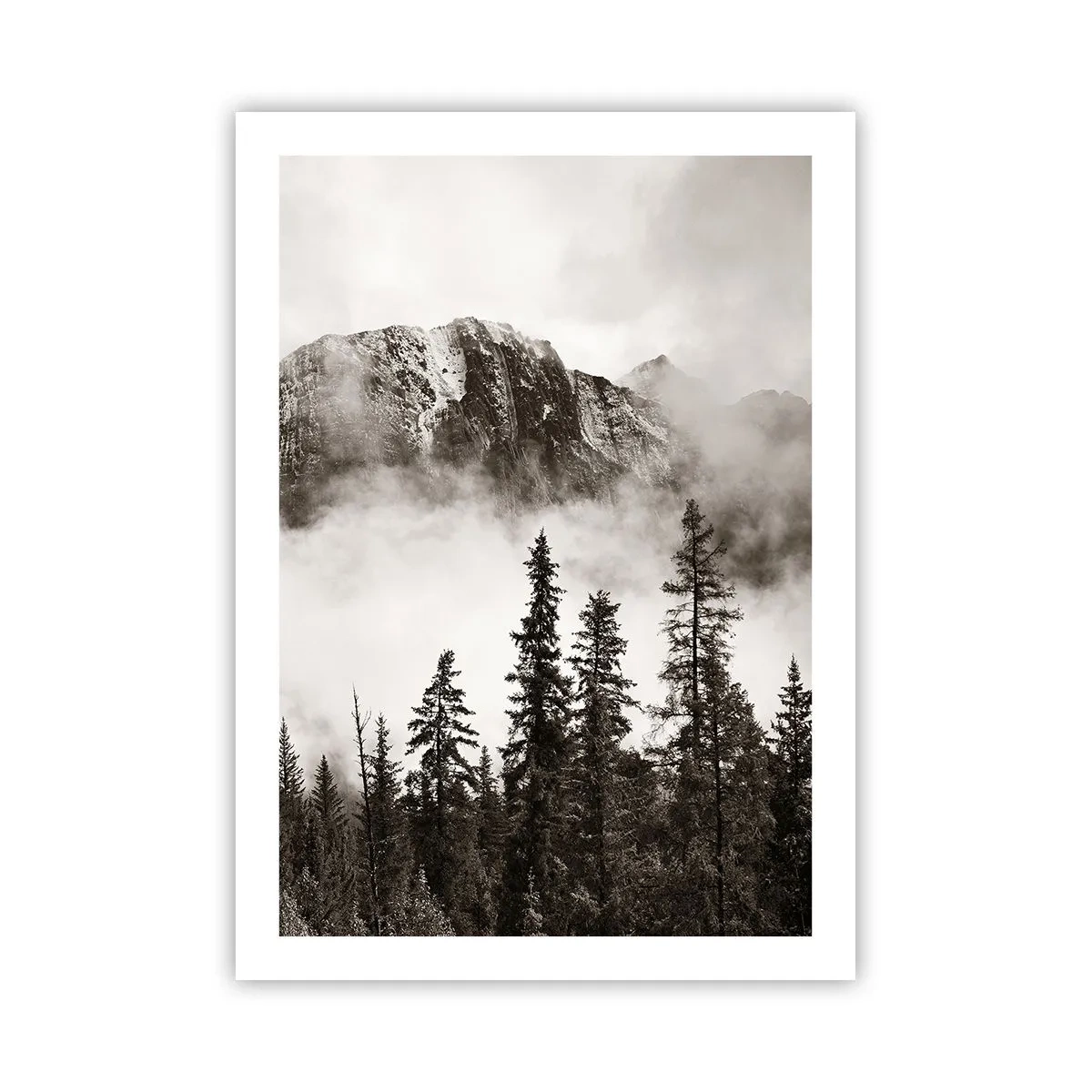 Póster - Paisaje de montaña con árboles y niebla. - 50x70cm - Gobernante de granito - Decoración de pared moderna para salón y dormitorio ARTTOR