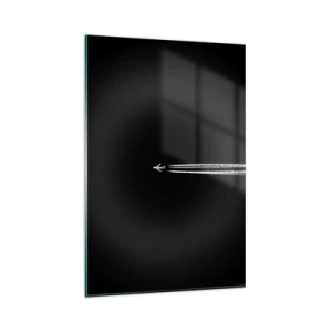 Cuadro sobre vidrio - Impresiones sobre Vidrio - Un avión a reacción con una estela de condensación visible sobre un fondo negro. - 80x120cm - En otra dimensión - Decoración de pared moderna para salón y dormitorio ARTTOR