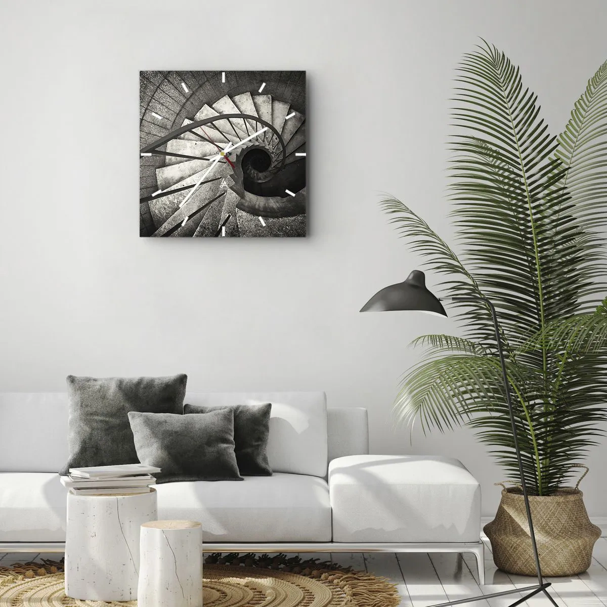 Reloj de pared - Reloj de vidrio - Escalera de caracol en blanco y negro de estilo moderno. - 30x30cm - Escaleras arriba, escaleras abajo - Decoración de pared moderna para salón y dormitorio ARTTOR