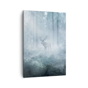 Cuadro sobre lienzo - Impresión de Imagen - Un ciervo en un bosque denso envuelto en la niebla matutina. - 50x70cm - Ronda matutina por la finca - Decoración de pared moderna para salón y dormitorio ARTTOR