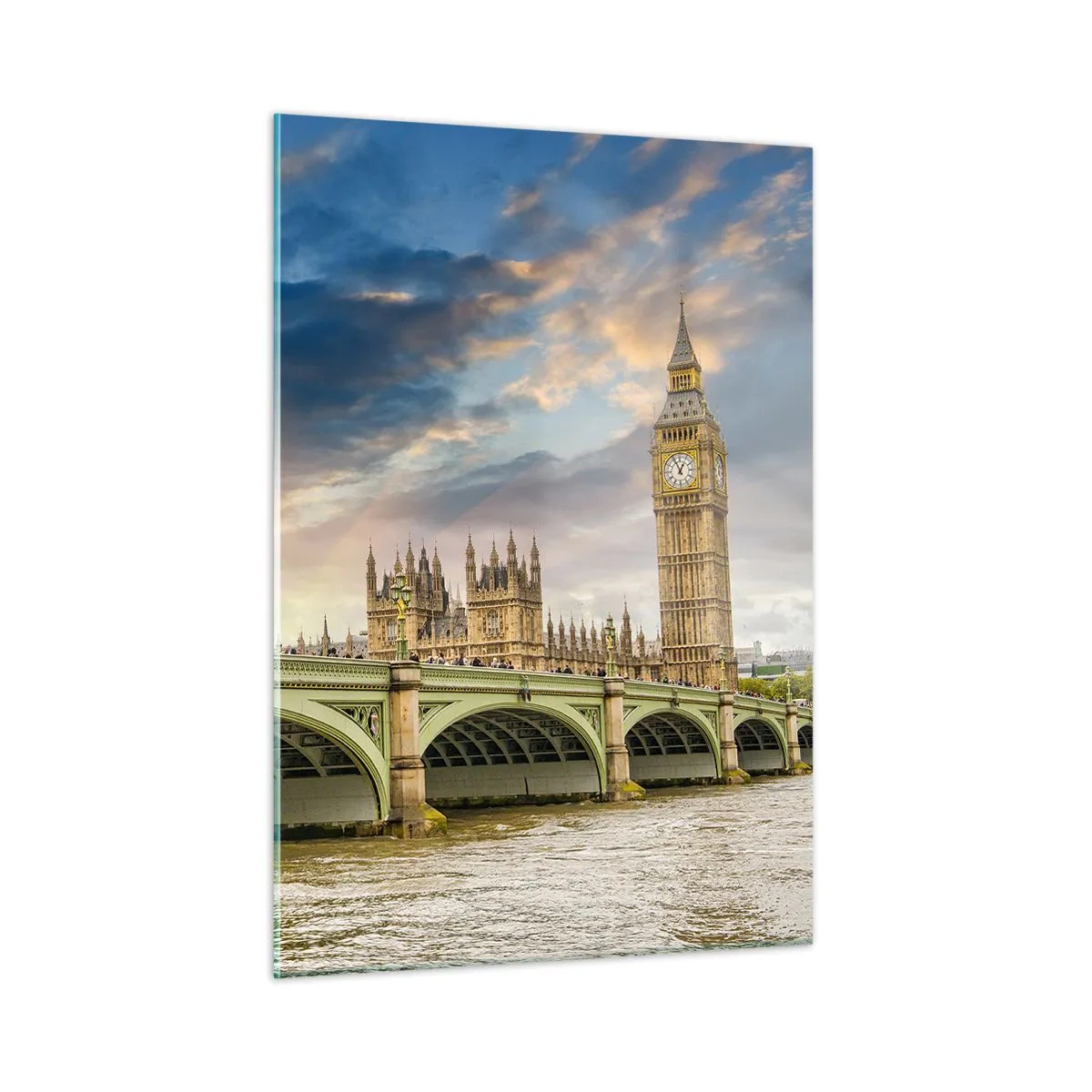 Cuadro sobre vidrio - Impresiones sobre Vidrio - El Big Ben y el puente de Westminster al atardecer - 50x70cm - El tiempo se detuvo en el Imperio - Decoración de pared moderna para salón y dormitorio ARTTOR