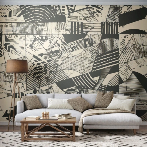 Fotomural Standard Eco - Abstracción en negro y beige con patrones geométricos dinámicos. - 100x70cm - La dinámica del presente - Decoración de pared moderna para salón y dormitorio ARTTOR