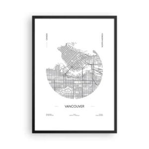 Póster en marco negro - Un mapa minimalista en blanco y negro de Vancouver - 50x70cm - Anatomía de Vancouver - Decoración de pared moderna para salón y dormitorio ARTTOR
