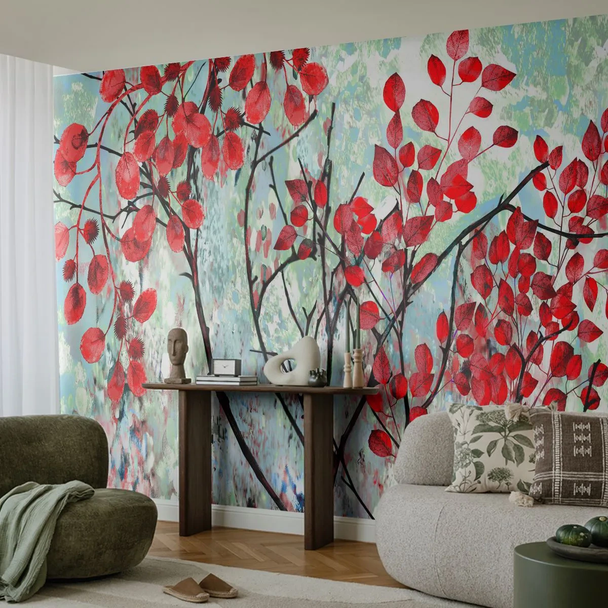 Fotomural Autadhesivo Deluxe Sticker - Un árbol en escarlata - Abstracción, Hojas rojas, Rama - 150x105 cm