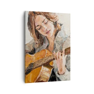 Cuadro sobre lienzo - Impresión de Imagen - Retrato de una niña tocando la guitarra en estilo pictórico con colores cálidos. - 50x70cm - Concierto de guitarra y corazón joven - Decoración de pared moderna para salón y dormitorio ARTTOR