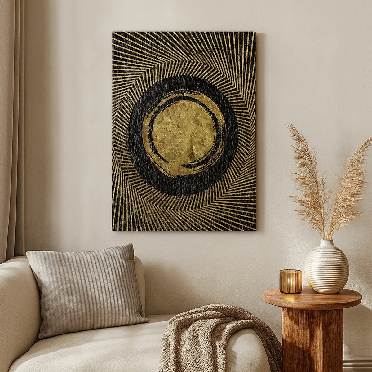 Cuadro sobre lienzo - Impresión de Imagen - Composición geométrica en negro y dorado con rayos. - 50x70cm - Composición glamour - Decoración de pared moderna para salón y dormitorio ARTTOR