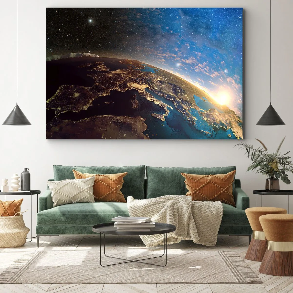 Cuadro sobre lienzo - Impresión de Imagen - Vista de la Tierra desde el espacio al amanecer - 70x50cm - Mirémonos a nosotros mismos desde la distancia - Decoración de pared moderna para salón y dormitorio ARTTOR