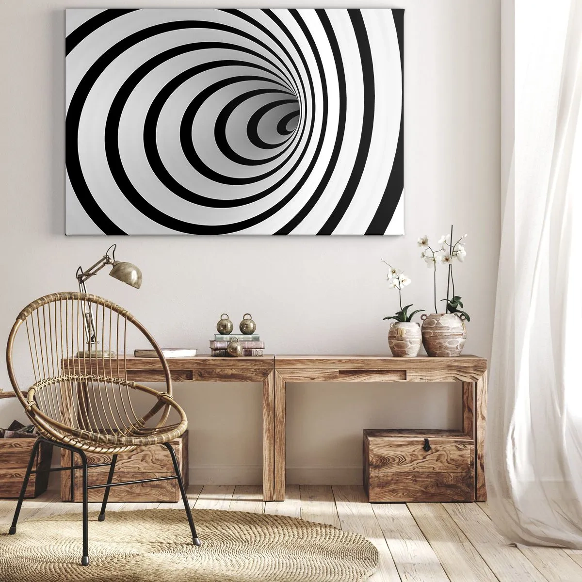 Cuadro sobre lienzo - Impresión de Imagen - Una espiral en blanco y negro que crea un efecto hipnótico. - 100x70cm - ¿Tampoco puedes resistirte? - Decoración de pared moderna para salón y dormitorio ARTTOR