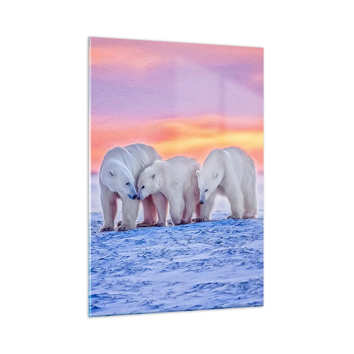 Cuadro sobre vidrio - Impresiones sobre Vidrio - Tres osos polares sobre un fondo nevado al atardecer - 50x70cm - Todo lo que necesitas es el calor de la familia - Decoración de pared moderna para salón y dormitorio ARTTOR