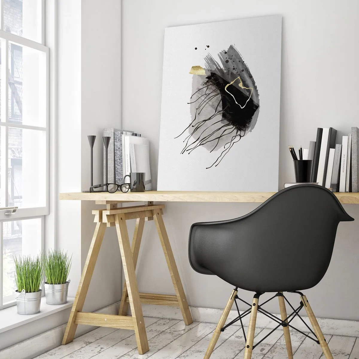Cuadro sobre vidrio - Impresiones sobre Vidrio - Composición abstracta de negro y dorado sobre un fondo blanco. - 50x70cm - En negro y dorado - Decoración de pared moderna para salón y dormitorio ARTTOR