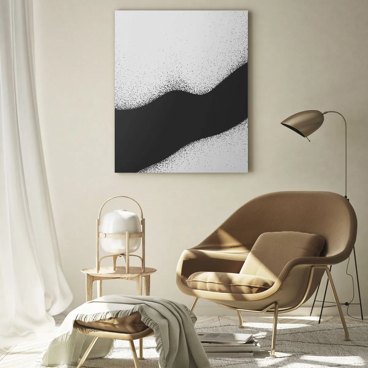Cuadro sobre vidrio - Impresiones sobre Vidrio - Patrón abstracto en blanco y negro con puntos delicados sobre lienzo - 70x100cm - Equilibrio suave - Decoración de pared moderna para salón y dormitorio ARTTOR
