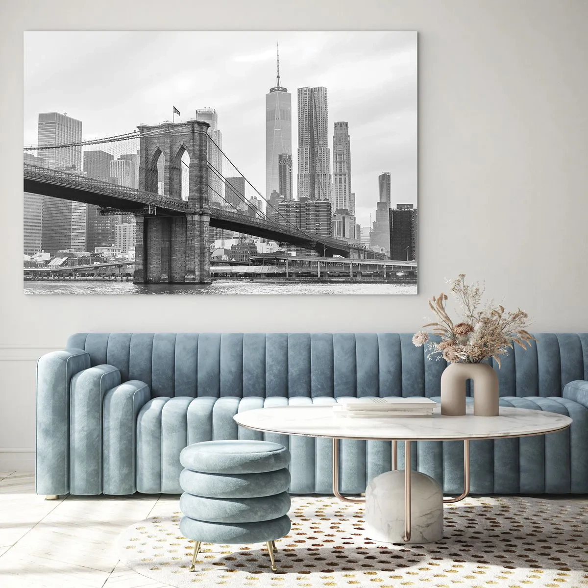Cuadro sobre vidrio - Impresiones sobre Vidrio - Fotografía en blanco y negro de un puente y paisaje urbano. - 100x70cm - Vibraciones de Nueva York - Decoración de pared moderna para salón y dormitorio ARTTOR