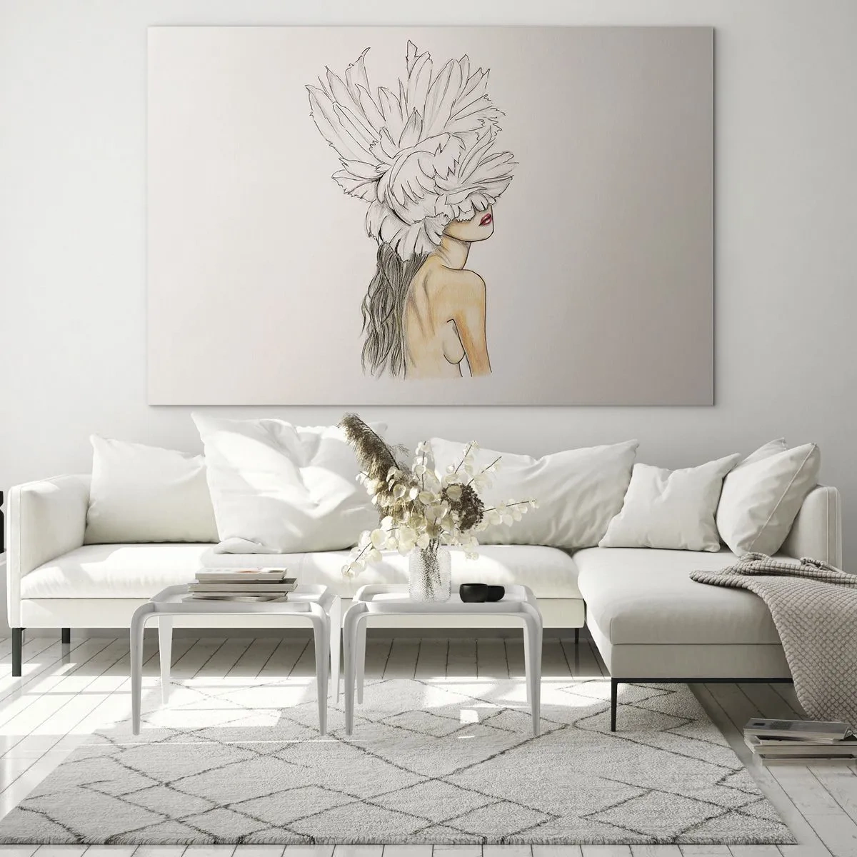 Cuadro sobre vidrio - Impresiones sobre Vidrio - Un dibujo de una mujer con cabello largo y una corona de grandes plumas. - 100x70cm - Belleza coronada - Decoración de pared moderna para salón y dormitorio ARTTOR