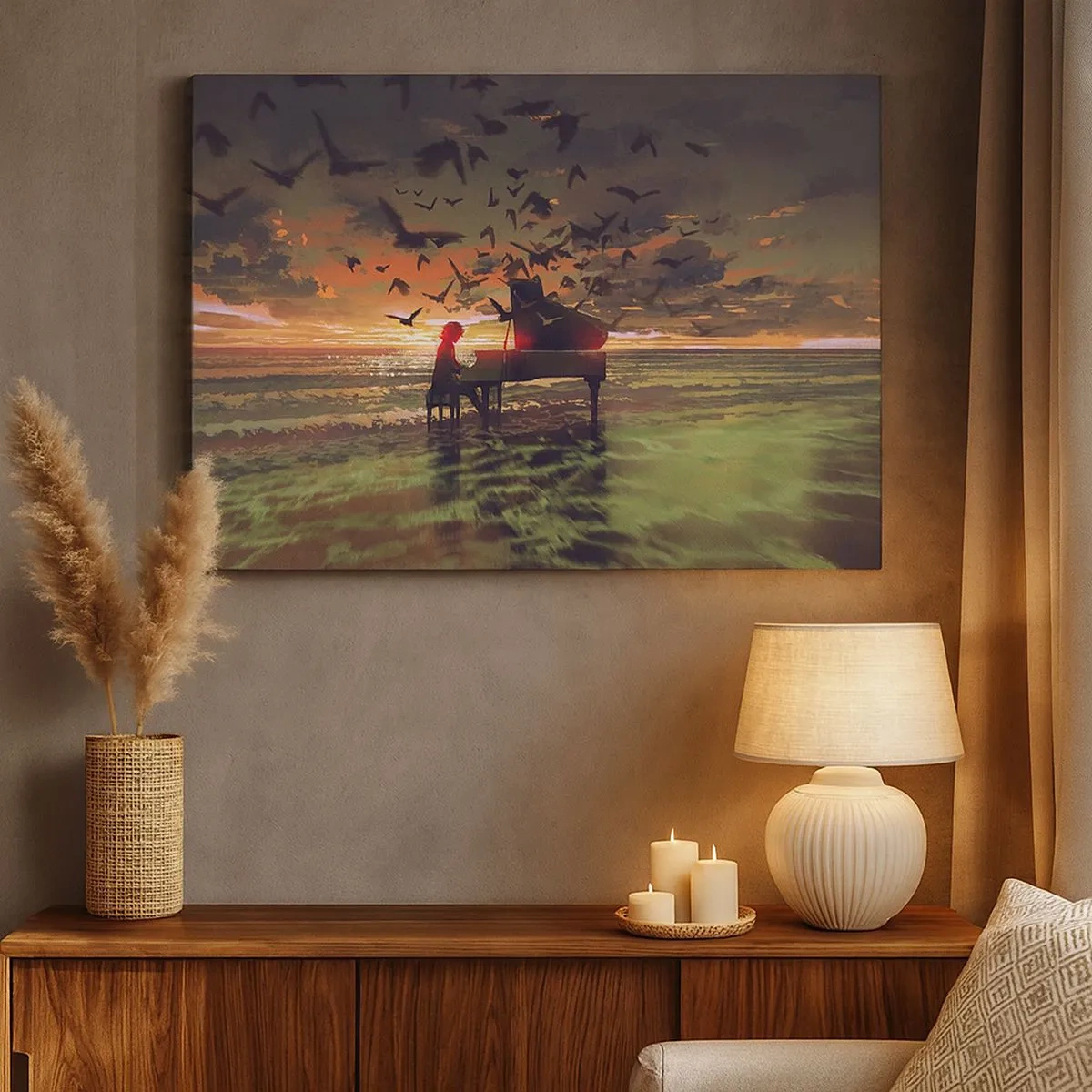 Cuadro sobre lienzo - Impresión de Imagen - Un piano en la orilla del mar al atardecer con pájaros. - 70x50cm - Concierto de piano y olas - Decoración de pared moderna para salón y dormitorio ARTTOR