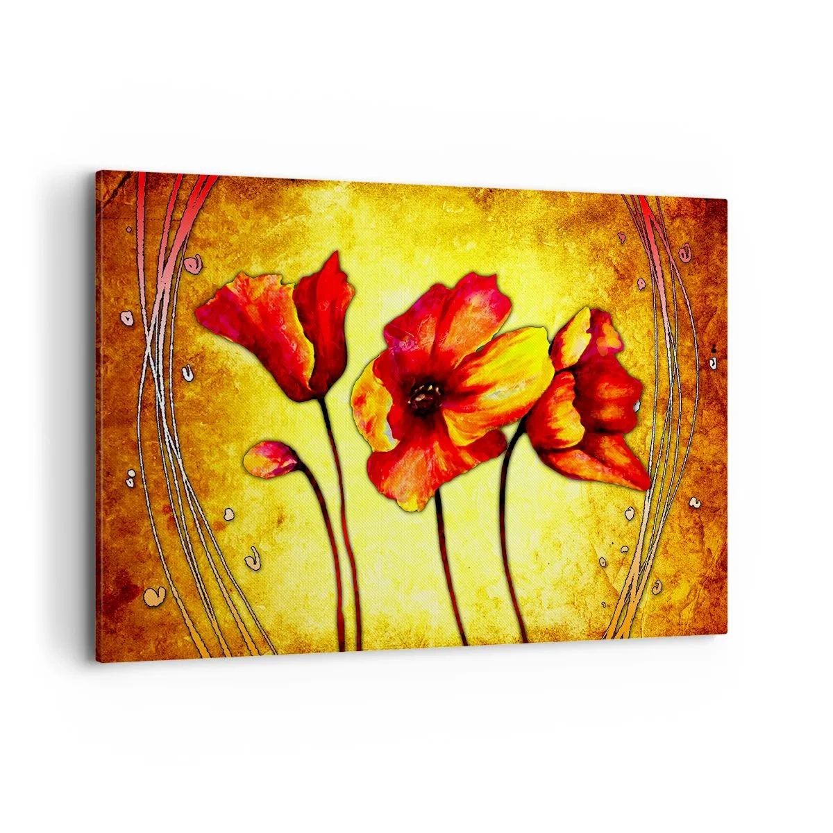Cuadro sobre lienzo - Impresión de Imagen - Flores rojas y amarillas sobre un fondo dorado con patrones decorativos. - 120x80cm - En decoración Art Nouveau - Decoración de pared moderna para salón y dormitorio ARTTOR