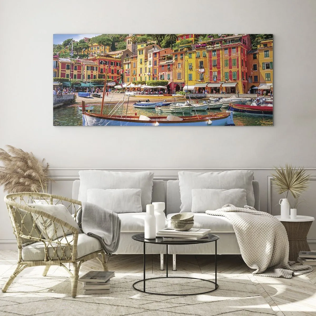 Cuadro sobre vidrio - Impresiones sobre Vidrio - Casas y barcos coloridos en una ciudad costera italiana - 160x50cm - Mañanas italianas - Decoración de pared moderna para salón y dormitorio ARTTOR