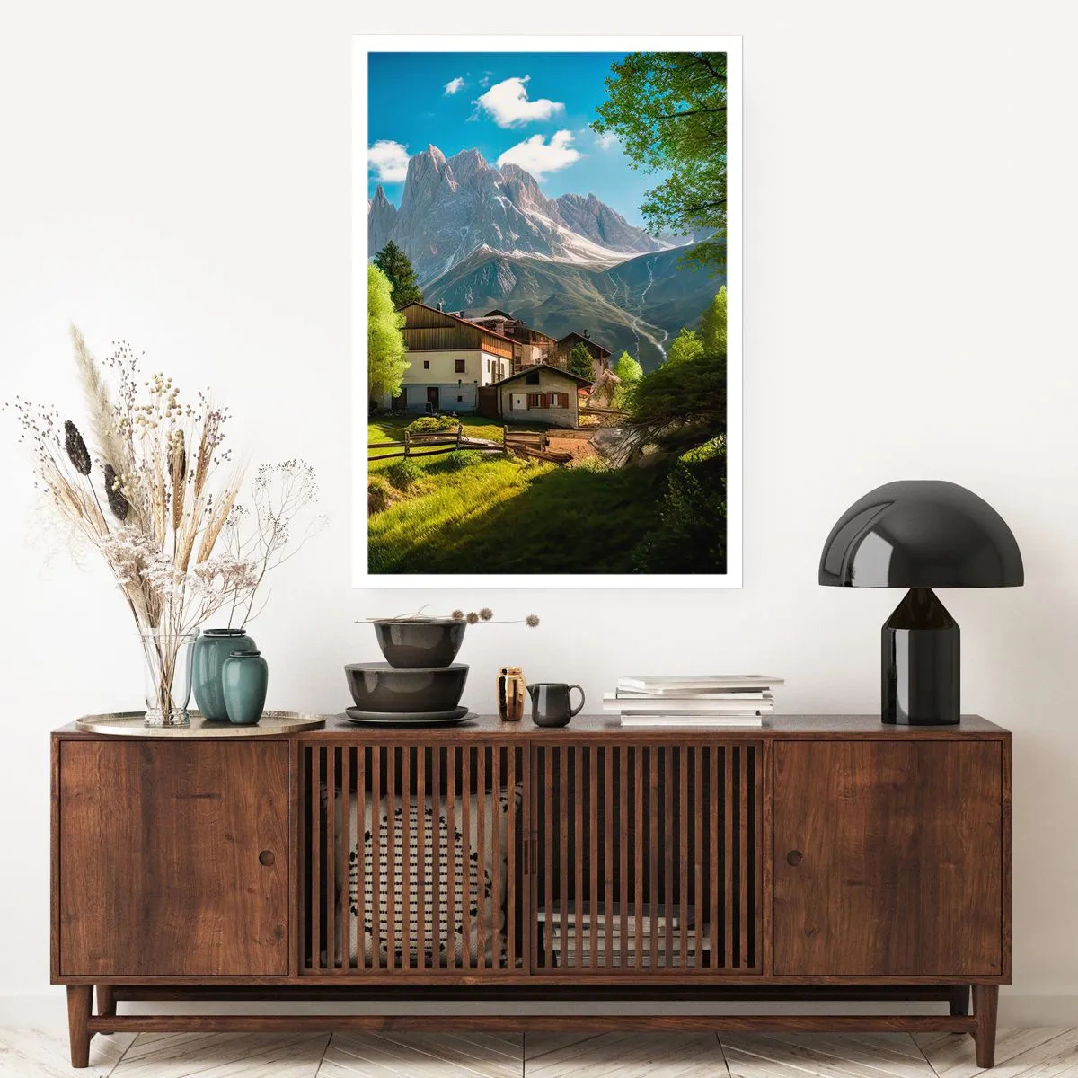 Póster - Un pueblo de montaña al pie de majestuosos picos - 50x70cm - Idilio alpino - Decoración de pared moderna para salón y dormitorio ARTTOR