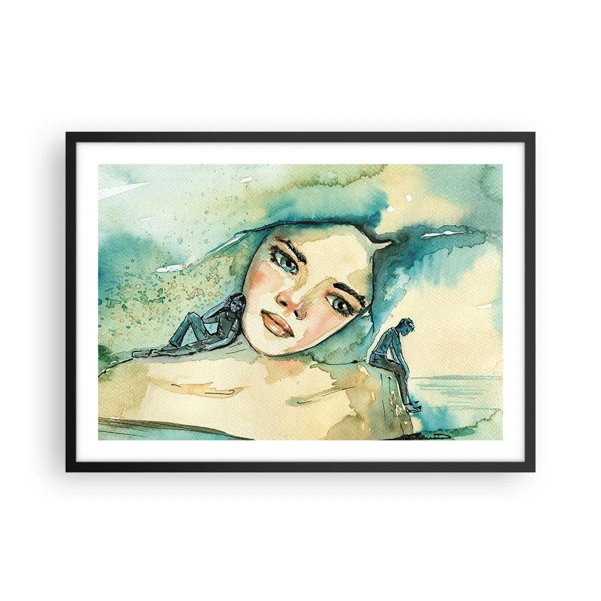 Póster en marco negro - Acuarela de rostro de mujer con motivo reflectante. - 70x50cm - ¿Soy azul? - Decoración de pared moderna para salón y dormitorio ARTTOR