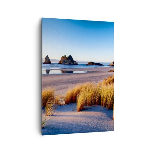 Cuadro sobre lienzo - Impresión de Imagen - Una playa pintoresca con vistas a las rocas y al mar al atardecer. - 70x100cm - Para buscadores de tranquilidad - Decoración de pared moderna para salón y dormitorio ARTTOR