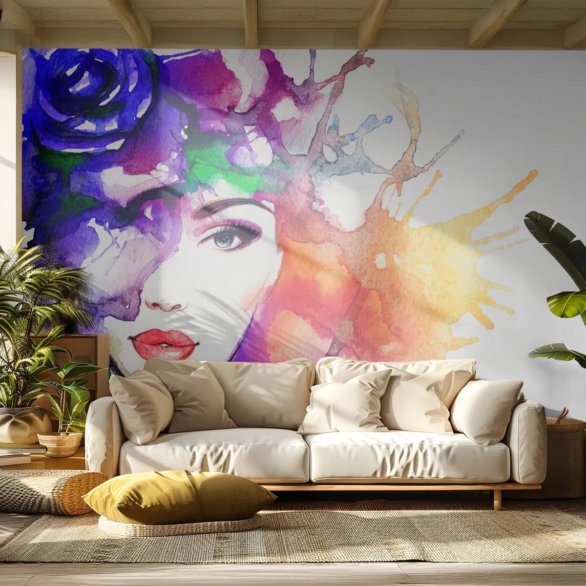 Fotomural Premium Canvas - Con la cabeza en las nubes - Mujer, cara de mujer, Abstracción - 150x105 cm