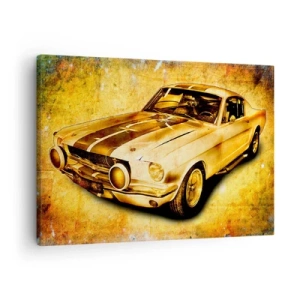 Cuadro sobre lienzo - Impresión de Imagen - Coche deportivo retro clásico sobre un fondo vintage en tonos dorados. - 70x50cm - Los locos años 70. - Decoración de pared moderna para salón y dormitorio ARTTOR