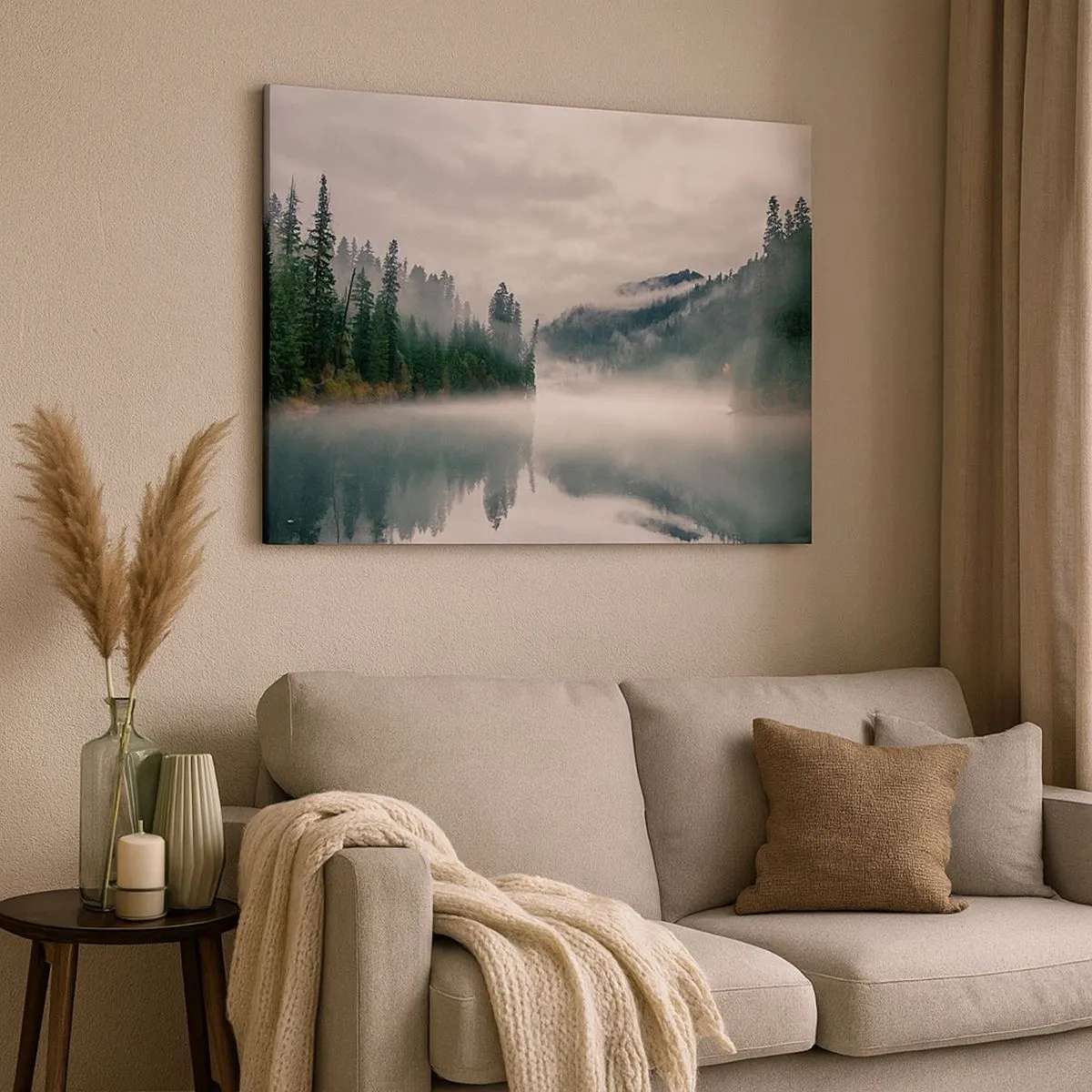 Cuadro sobre lienzo - Impresión de Imagen - Un bosque brumoso reflejado en un lago tranquilo. - 70x50cm - En el ensueño, en la niebla - Decoración de pared moderna para salón y dormitorio ARTTOR