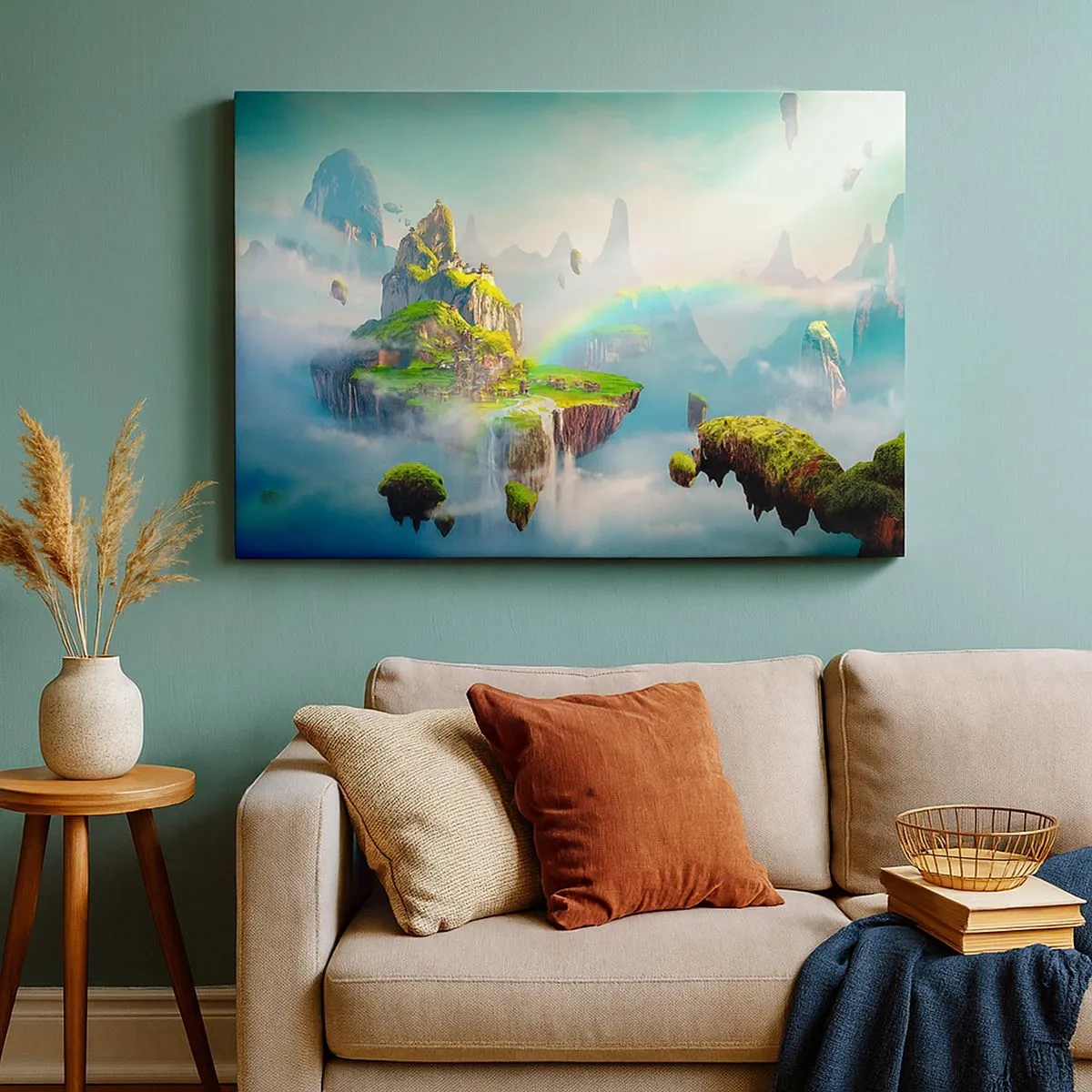 Cuadro sobre lienzo - Impresión de Imagen - Islas voladoras entre las nubes con un arcoíris en el horizonte. - 70x50cm - El medio de la nada - islas flotantes - Decoración de pared moderna para salón y dormitorio ARTTOR