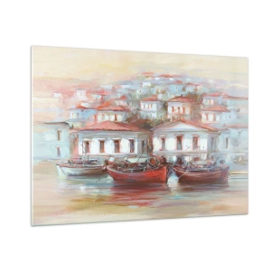 Cuadro sobre vidrio - Impresiones sobre Vidrio - Un pueblo pintoresco con barcos en el puerto al atardecer. - 100x70cm - Ciudad feliz - Decoración de pared moderna para salón y dormitorio ARTTOR
