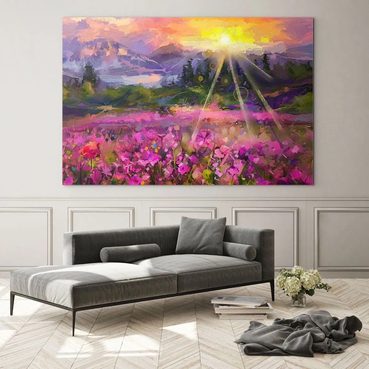 Cuadro sobre vidrio - Impresiones sobre Vidrio - Un pintoresco valle lleno de flores iluminado por los rayos del sol. - 100x70cm - En un valle bajo la protección del sol - Decoración de pared moderna para salón y dormitorio ARTTOR