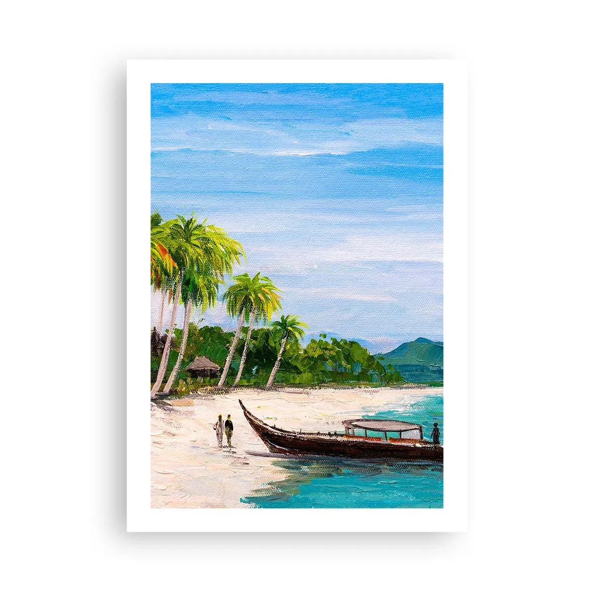 Póster - Playa tropical con palmeras y un barco en la orilla. - 50x70cm - Un sueño exótico - Decoración de pared moderna para salón y dormitorio ARTTOR