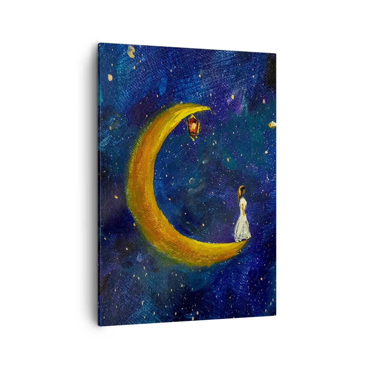 Cuadro sobre lienzo - Impresión de Imagen - Una niña parada en la luna en un cielo estrellado. - 50x70cm - La llamada de la Luna - Decoración de pared moderna para salón y dormitorio ARTTOR