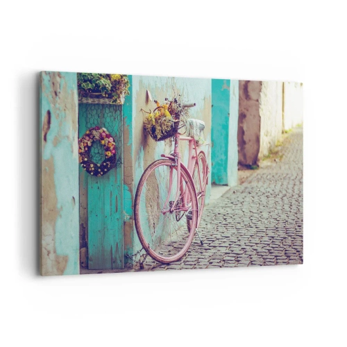 Cuadro sobre lienzo - Impresión de Imagen - Una bicicleta rosa junto a una puerta turquesa. - 120x80cm - Ahora mismo vuelvo - Decoración de pared moderna para salón y dormitorio ARTTOR