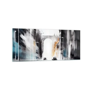 Cuadro sobre vidrio - Impresiones sobre Vidrio - Panorama abstracto de la ciudad con un puente arqueado - 120x50cm - Estudio de la ciudad: arquitectura y movimiento - Decoración de pared moderna para salón y dormitorio ARTTOR