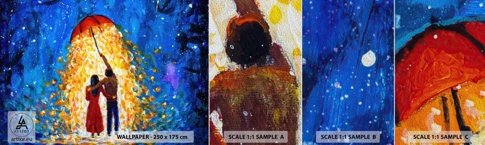 Muestra de fotomural Premium Sand - La magia de una tarde lluviosa - Romántico, Pareja, Amar - 100x30 cm