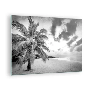 Cuadro sobre vidrio - Impresiones sobre Vidrio - Una palmera blanca y negra en una playa vacía con un cielo nublado. - 70x50cm - Anhelo de soledad.... - Decoración de pared moderna para salón y dormitorio ARTTOR