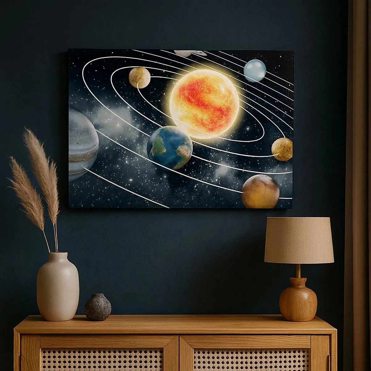 Cuadro sobre lienzo - Impresión de Imagen - Sistema solar con planetas y sol en el espacio. - 70x50cm - Danza cósmica - Decoración de pared moderna para salón y dormitorio ARTTOR