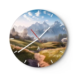 Reloj de pared - Reloj de vidrio - Un paisaje de montaña con un valle, un camino y cabañas idílicas. - 30x30cm - Valle idílico - Decoración de pared moderna para salón, cocina y dormitorio ARTTOR